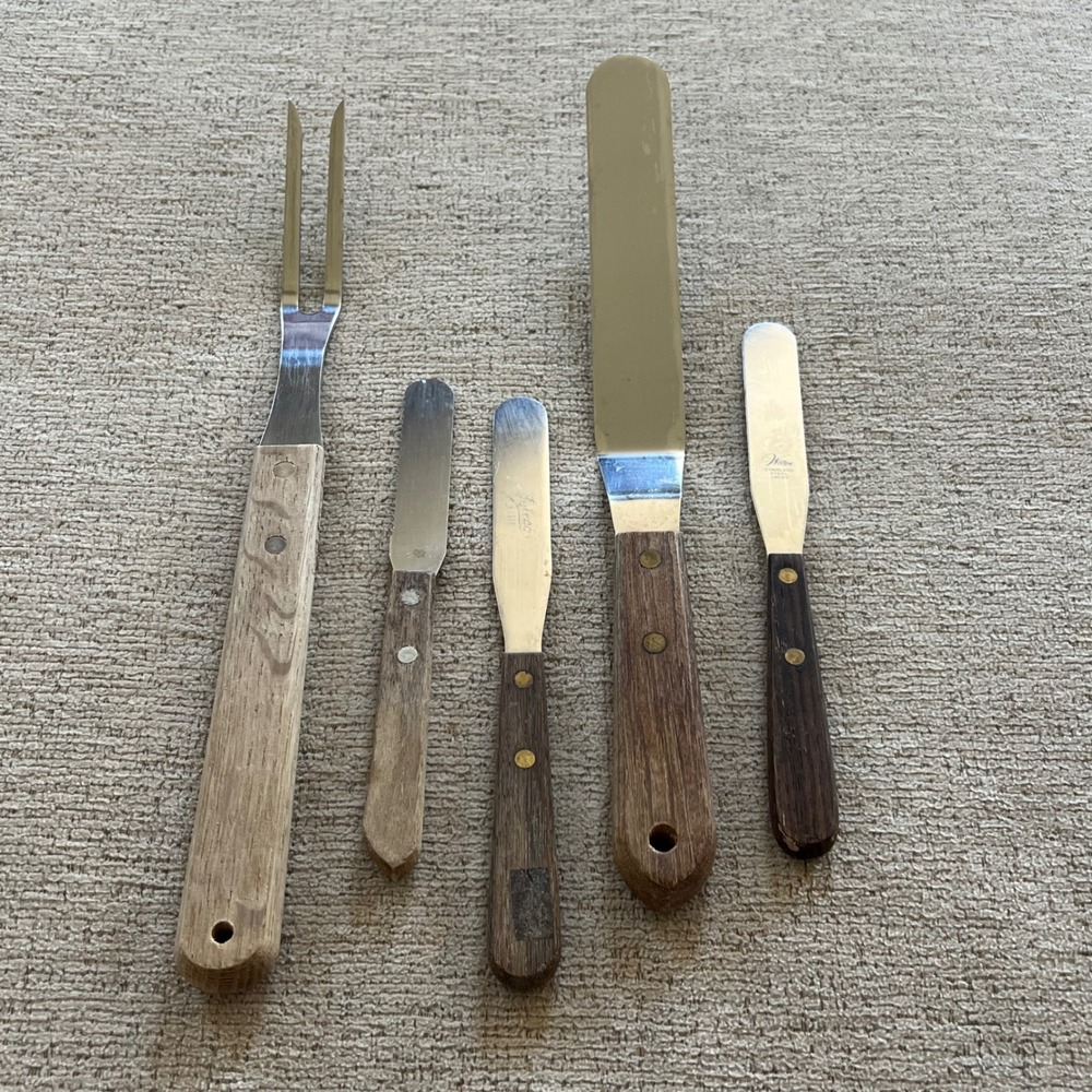 Vintage Wilton Ateco Stainless Steel Wood Handle Spatula Set Meat Fork 5pc Japan